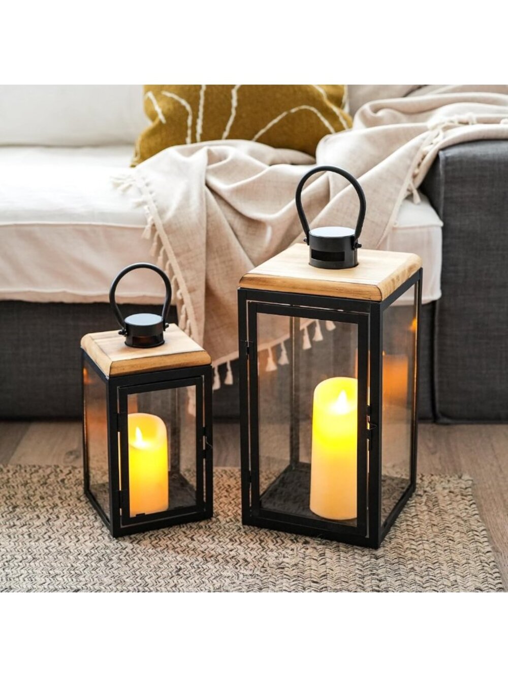 Set of 2 Decorative Metal Candle Lanterns - 16'' & 11'' High for Home Decor